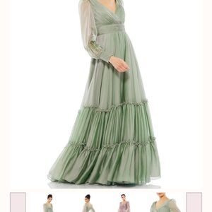 Mac Duggal Green Tiered Ruffled Gown with Bishop Sleeves
